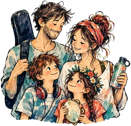 Eine Familie mit zwei Kindern, Gitarre und Tamburin