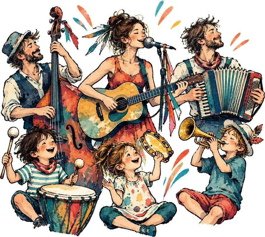 Ein Mitmachkonzert, Kinder und Erwachsene singen und trommeln