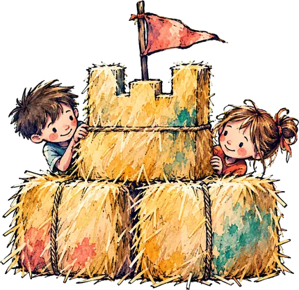 Kinder bauen und belagern eine Burg aus Stroh